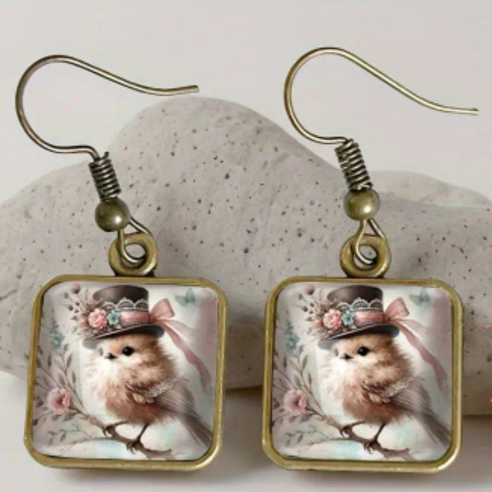 Bird Animal Print Cottage Farmhouse Square Gold Dangling Earrings Whimsy